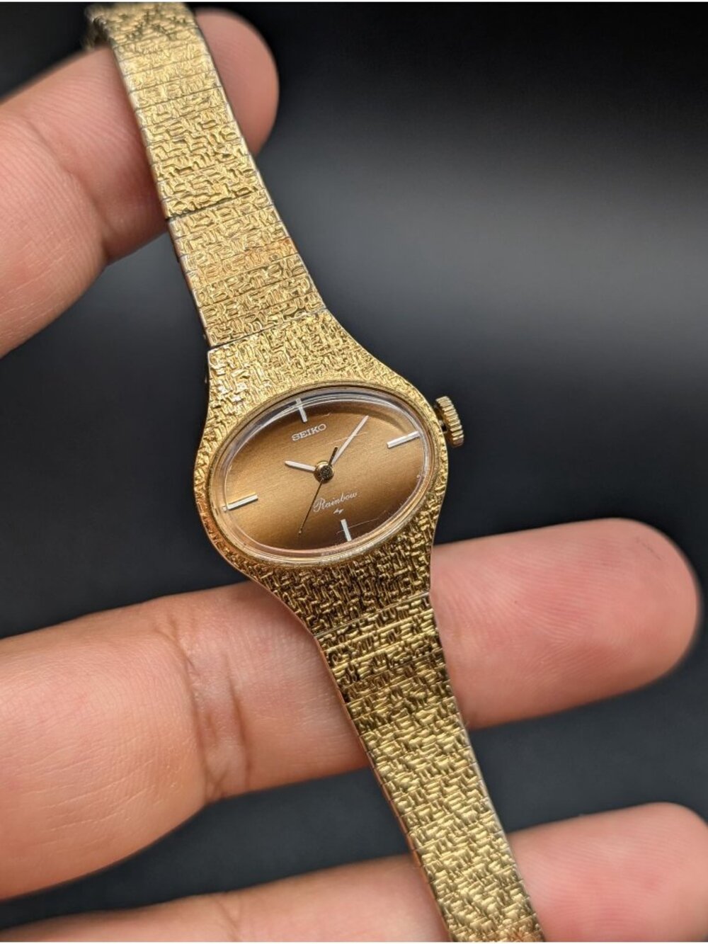 Vintage Seiko Rainbow Gold-Tone Cocktail Dress Watch, Textured Bracelet